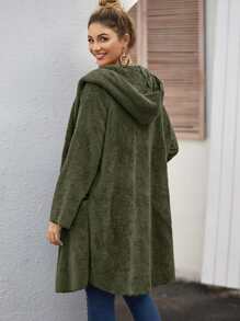Open Front Pocket Hooded Teddy Coat - Army Green - View 2