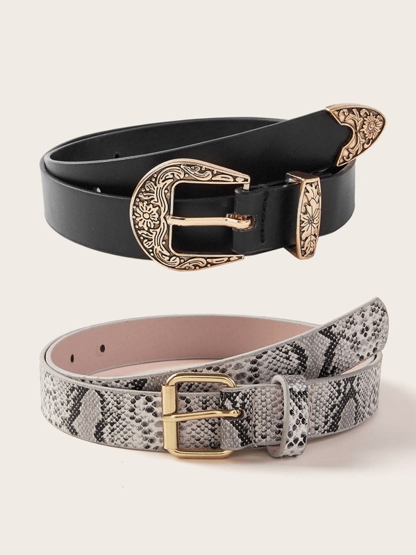 

2pcs Snakeskin Pattern Engraved Buckle Belt, Multicolor