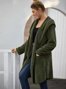 Open Front Pocket Hooded Teddy Coat - Army Green - View 3