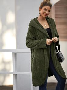 Open Front Pocket Hooded Teddy Coat - Army Green - View 5