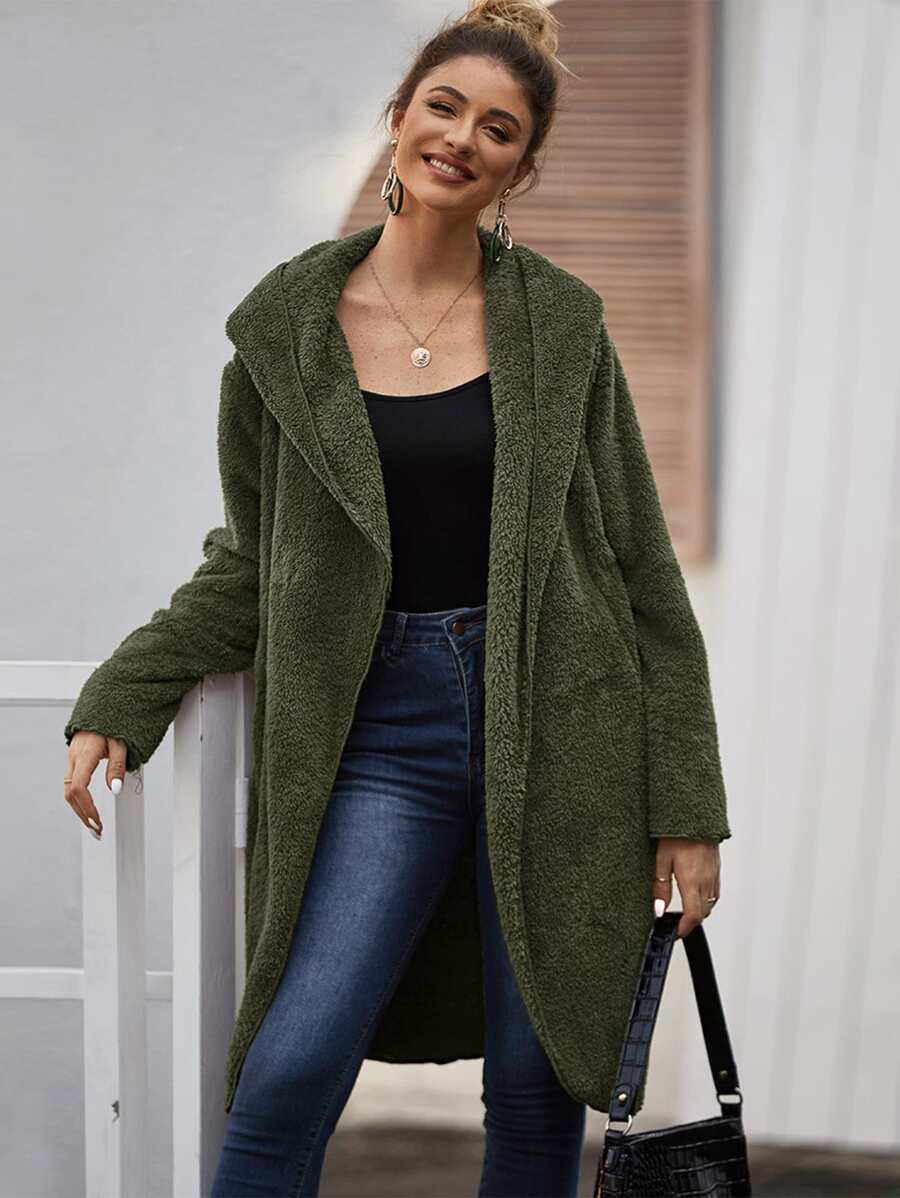 Open Front Pocket Hooded Teddy Coat - Army Green - View 1