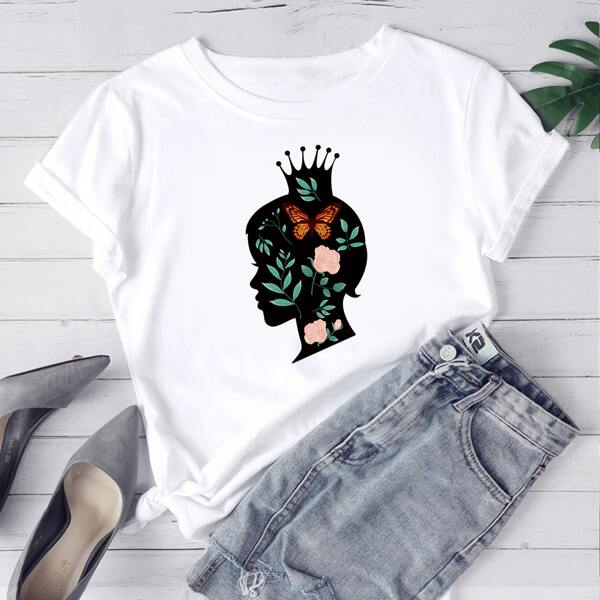 

Figure & Floral Print Tee, White