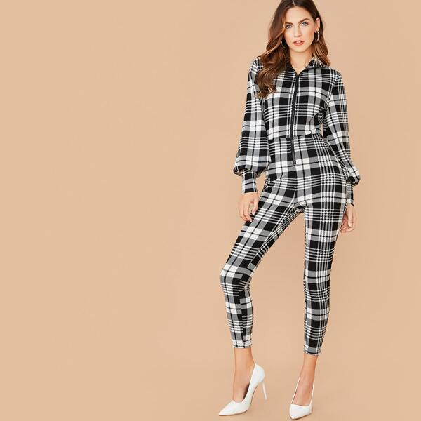 

Collared Zip Up Lantern Sleeve Plaid Jumpsuit, Black and white