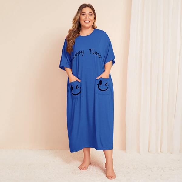 

Plus Cartoon & Slogan Graphic Patch Pocket Nightdress, Blue bright