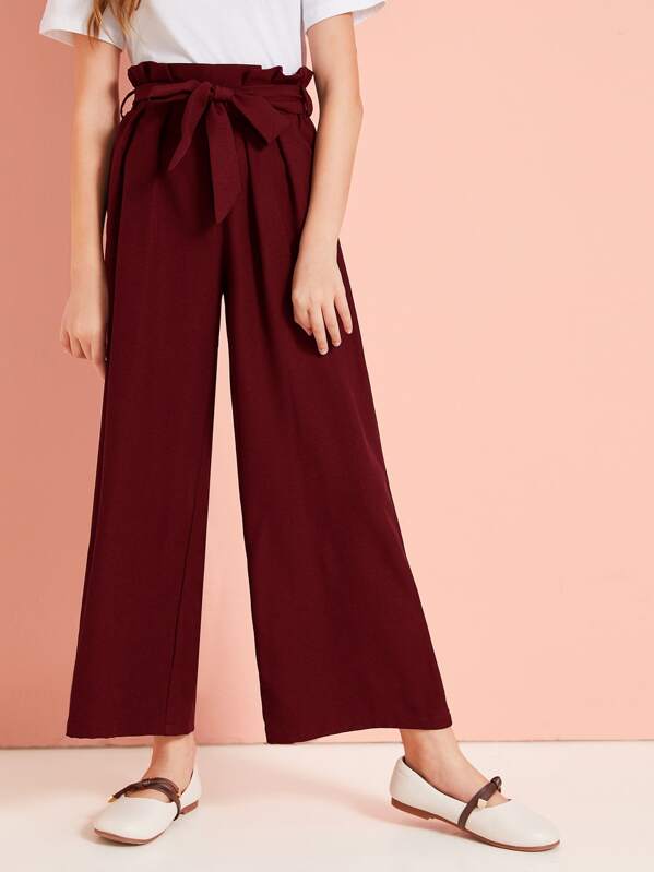 

Girls Paperbag Waist Belted Palazzo Pants, Burgundy, Sashab