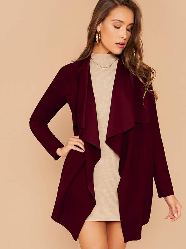 

Waterfall Collar Solid Duster Coat, Burgundy, Anna Herrin
