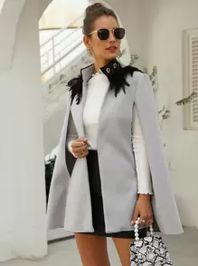 SHEIN Clasi Contrast Feather Tweed Cape Coat - Grey - View 5