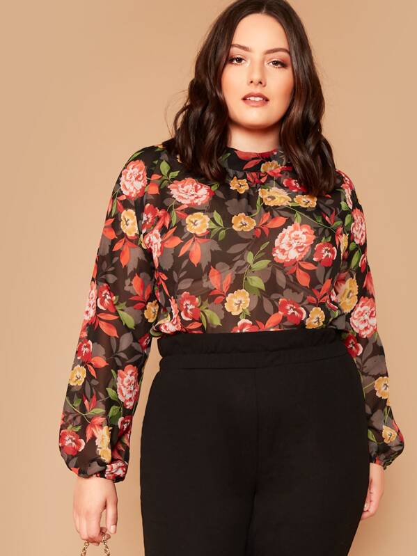 

Plus Mock-neck Lantern Sleeve Floral Sheer Top, Multicolor, Marcelle Pallais
