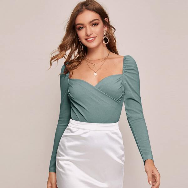 

Cross Wrap Sweetheart Neck Top, Green pastel