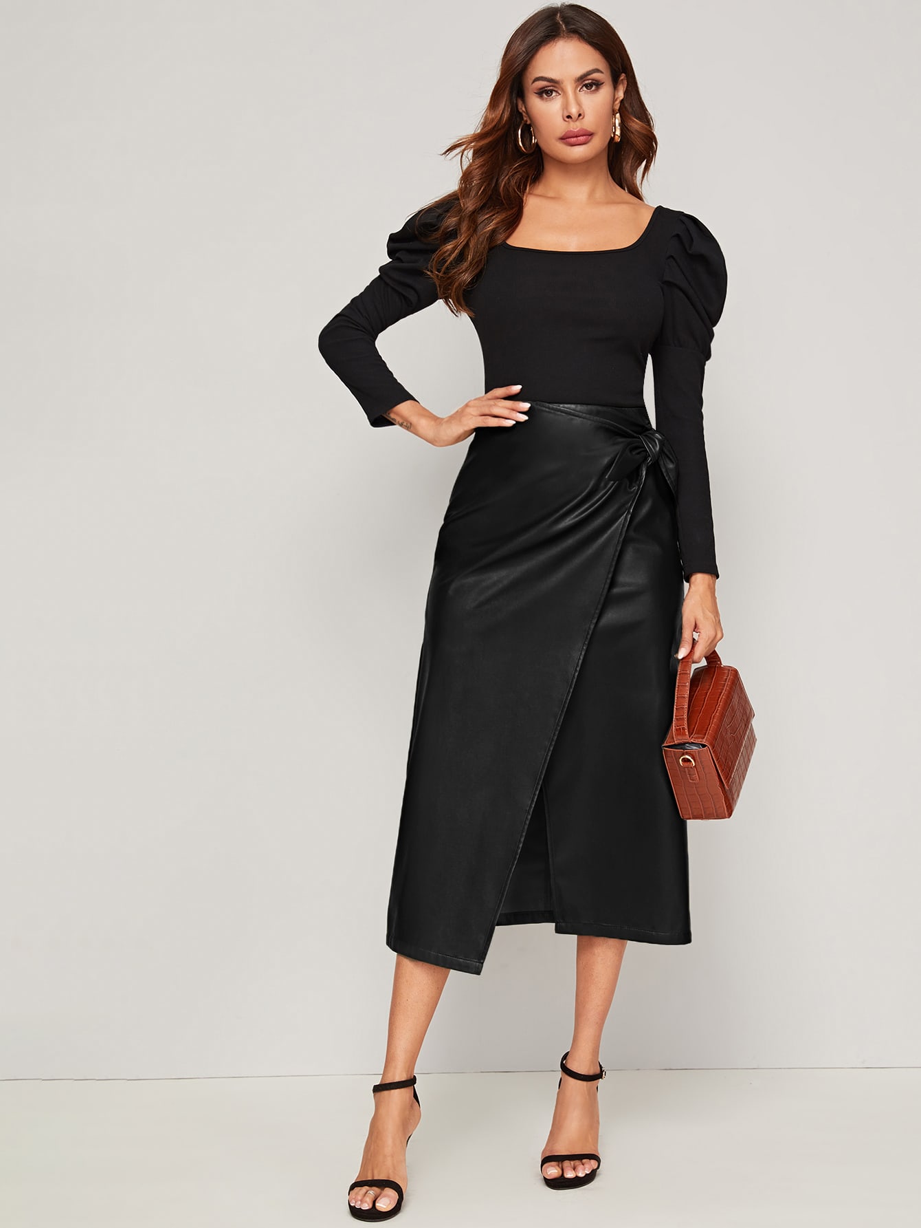 wrap tie side pu leather skirt | shein