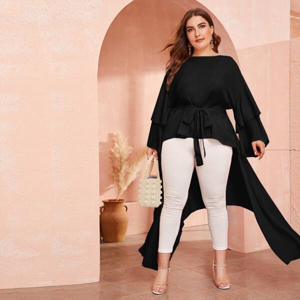 

Plus Flounce Sleeve High Low Belted Top, Black