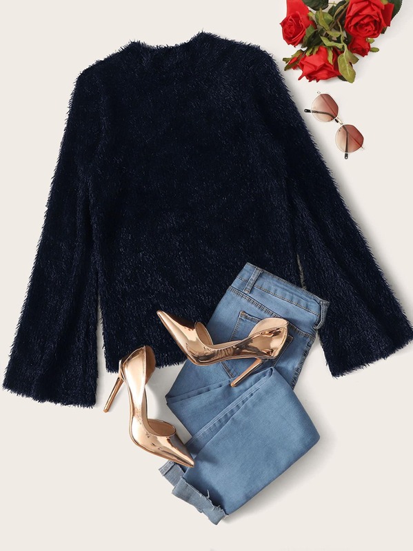 

Plus Bell Sleeve Fluffy Sweater, Navy