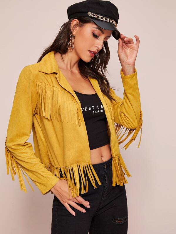 

Fringe Trim Suede Crop Jacket, Yellow, Mary P.