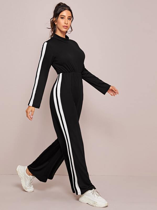 

Stand Collar Side Panel Culotte Jumpsuit, Black, Gabe