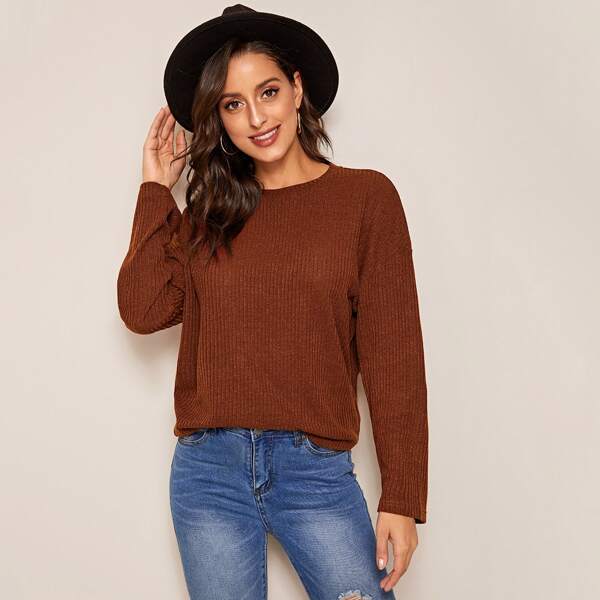 

Drop Shoulder Rib-knit Tee, Brown
