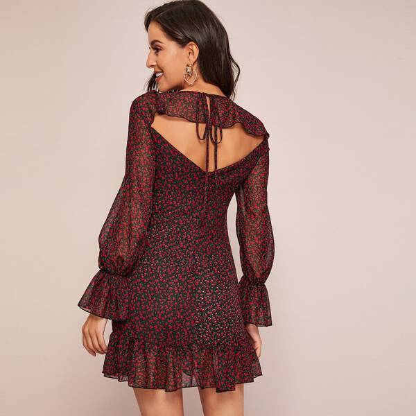 

Tie Back Cut-out Ruffle Hem Ditsy Floral Dress, Burgundy