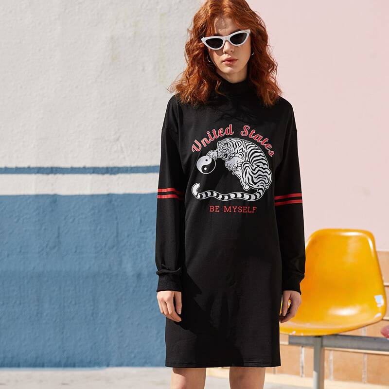 

Tiger & Letter Graphic Stand Collar Dress, Black