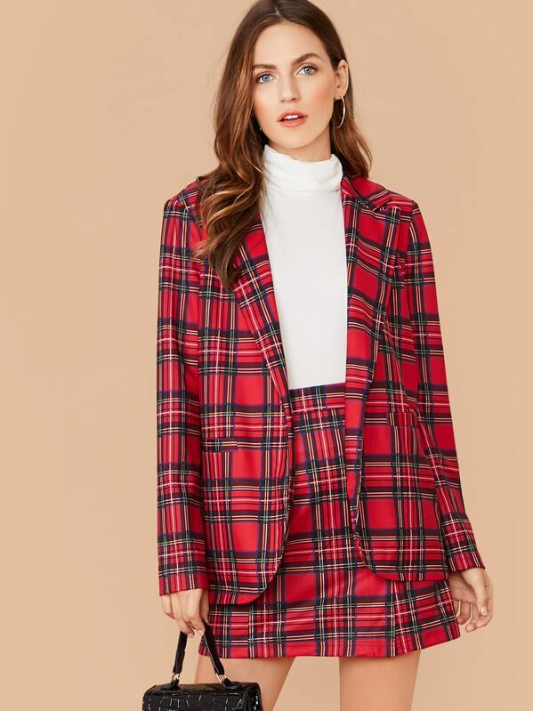 

Lapel Collar Plaid Blazer & Skirt Set, Red, Zorana