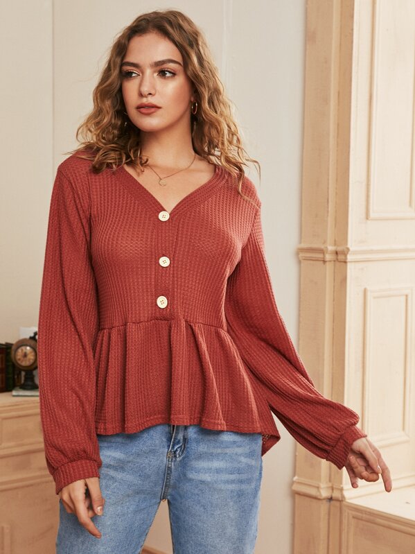 

V-Neck Button Up Ruffle Hem Tee, Red, Luiza