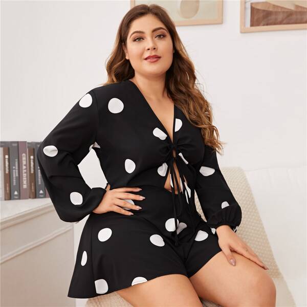 

Plus Polka Dot Tie Front Romper, Black