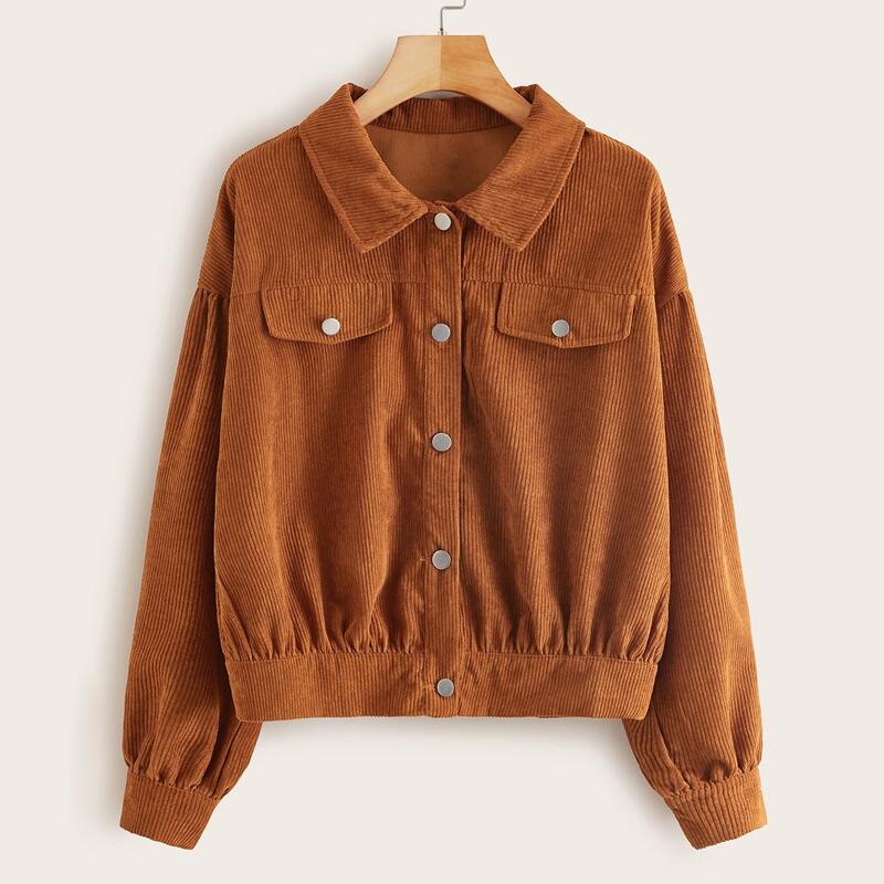

Solid Single-breasted Corduroy Trucker Jacket, Brown