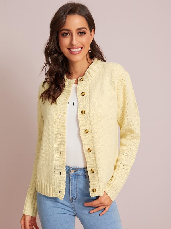 

Ribbed Knit Button Front Solid Cardigan, Beige, Mary P.