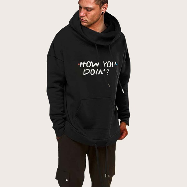 

Men Slogan Graphic Drawstring Cowl Neck Sweatshirt, Black