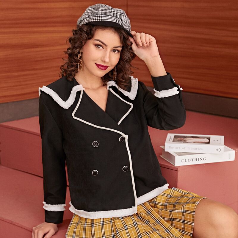 

Contrast Binding Double Breasted Jacket, Black