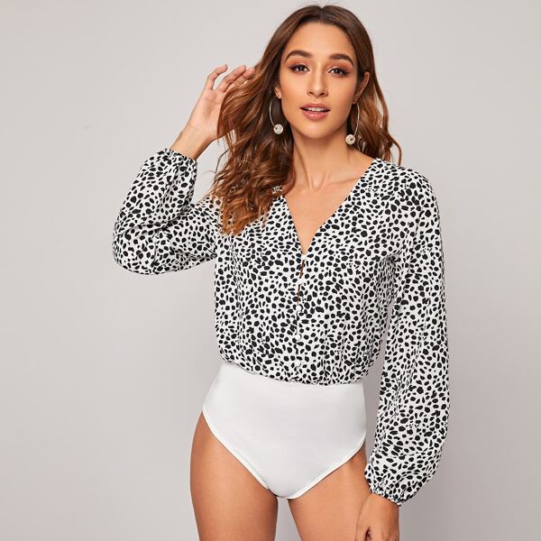 

Cheetah Print Button Through Bodysuit, Black and white