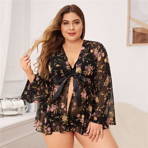 

Plus Floral Print Mesh Robe With Brief, Black