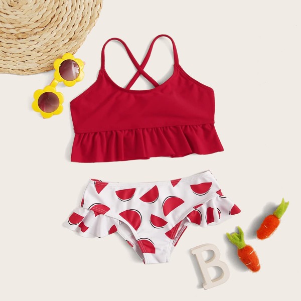 

Toddler Girls Watermelon Print Ruffle Trim Bikini, Rose red
