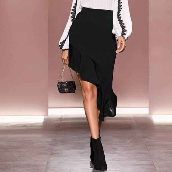 

Ruffle Asymmetrical Hem Skirt, Black