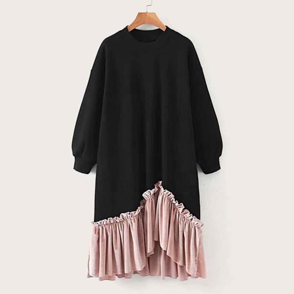 

Asymmetric Ruffle Hem Sweatshirt Dress, Black