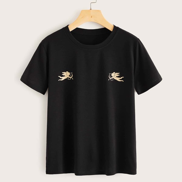 

Angel Print Round Neck Tee, Black