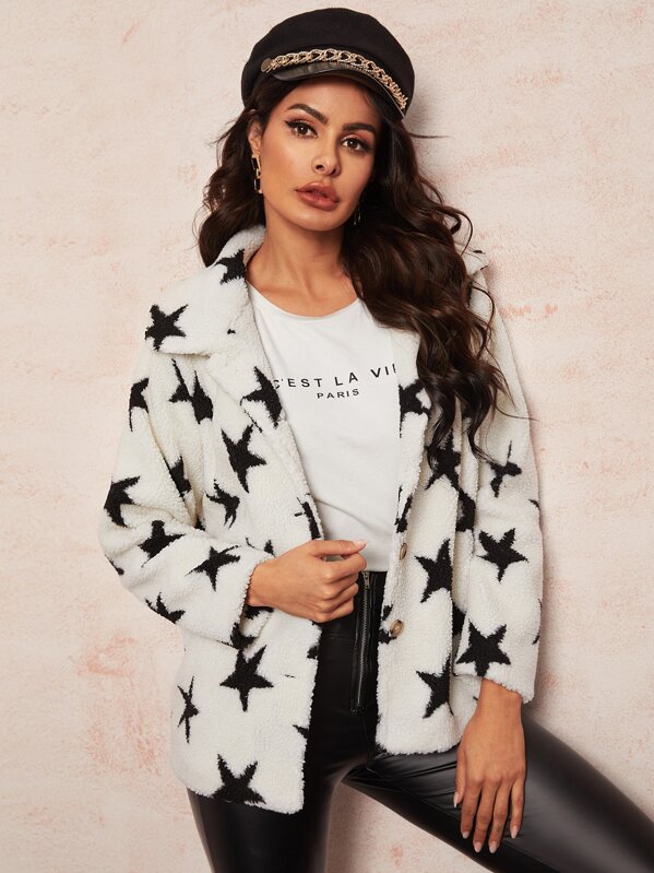 

Allover Star Print Teddy Coat, Black and white, Andy