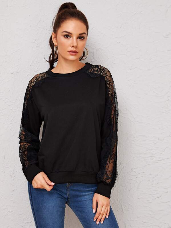 

Contrast Lace Raglan Sleeve Sweatshirt, Black, Vlada