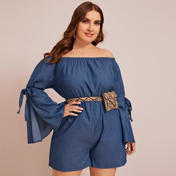 

Plus Off Shoulder Knot Cuff Denim Romper Without Bag, Blue