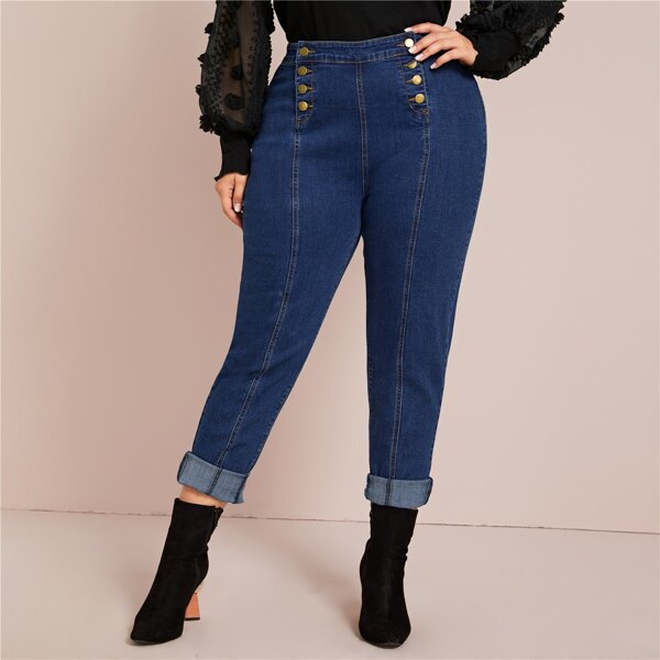 

Plus Dark Wash Double Button Skinny Jeans, Navy