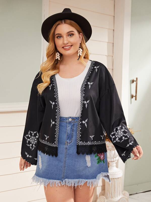 

Plus Lace Trim Plants Print Jacket, Black, Nora