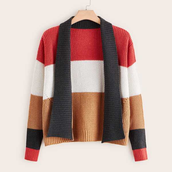 

Plus Shawl Collar Color Block Cardigan, Multicolor