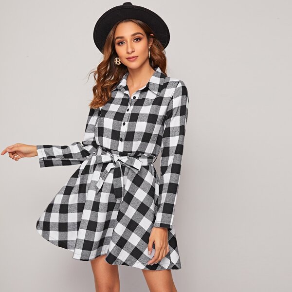 

Gingham Self Tie Shirt Dress, Black and white