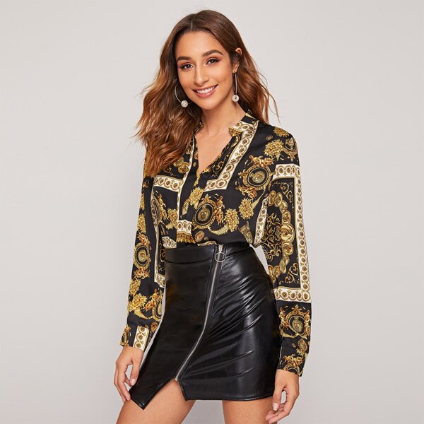 

Notch Neck Scarf Print Blouse, Multicolor