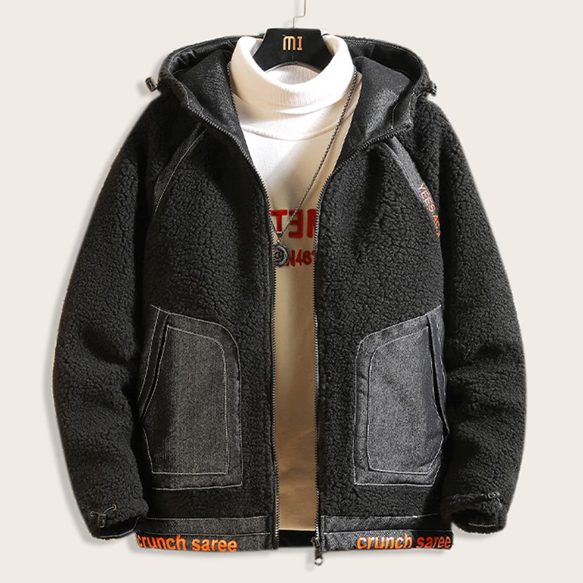 

Guys Contrast Pockets Letter Graphic Hooded Teddy Jacket, Black