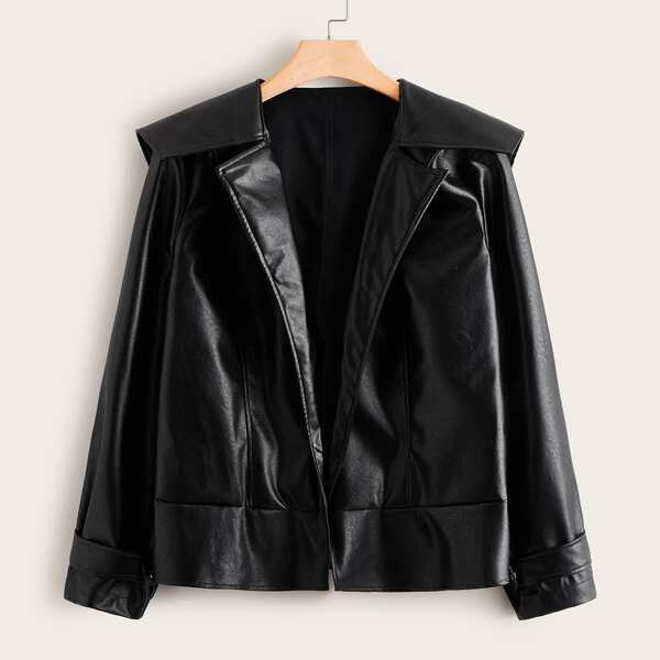 

Plus Open Front Sailor Collar PU Jacket, Black