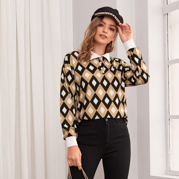 

Argyle Print Half Button Tee, Multicolor