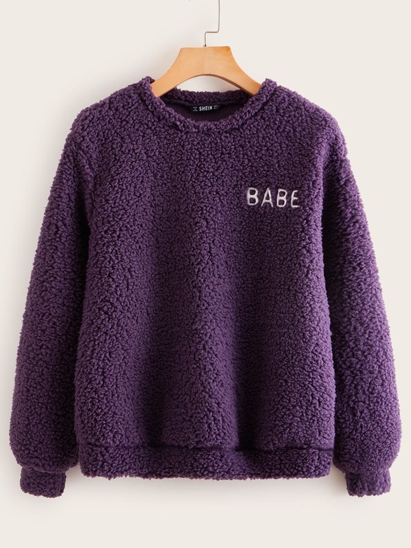 

Embroidered Letter Teddy Pullover, Purple