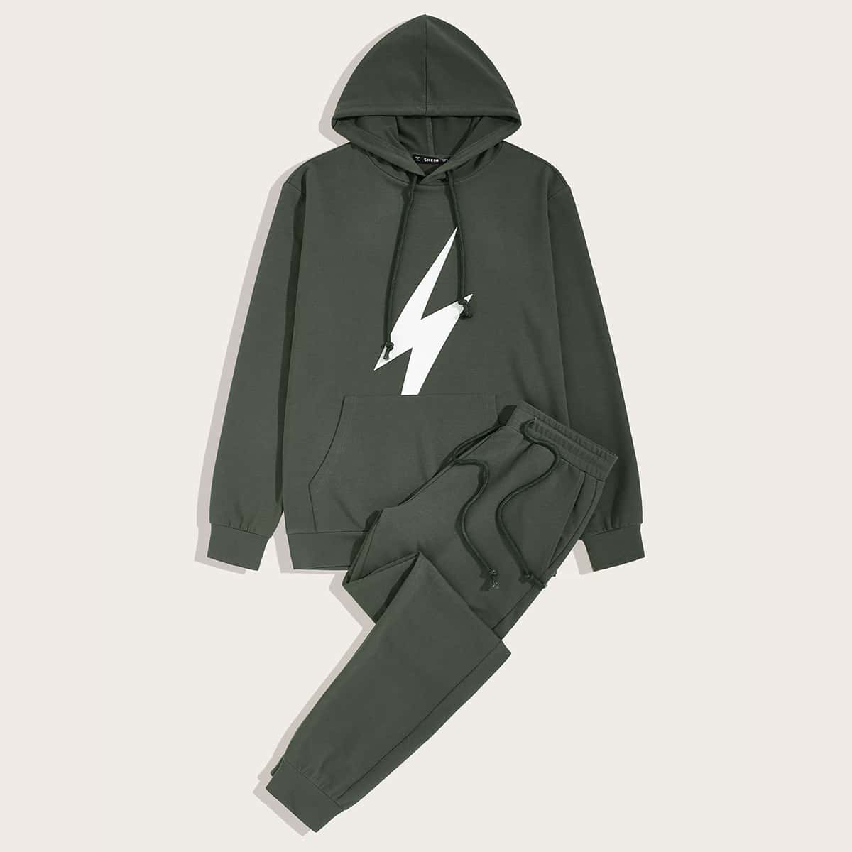 

Guys Lightning Print Hoodie and Drawstring Waist Joggers Set, Grey
