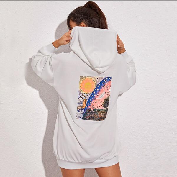 

Galaxy Print Drop Shoulder Hoodie Dress, White