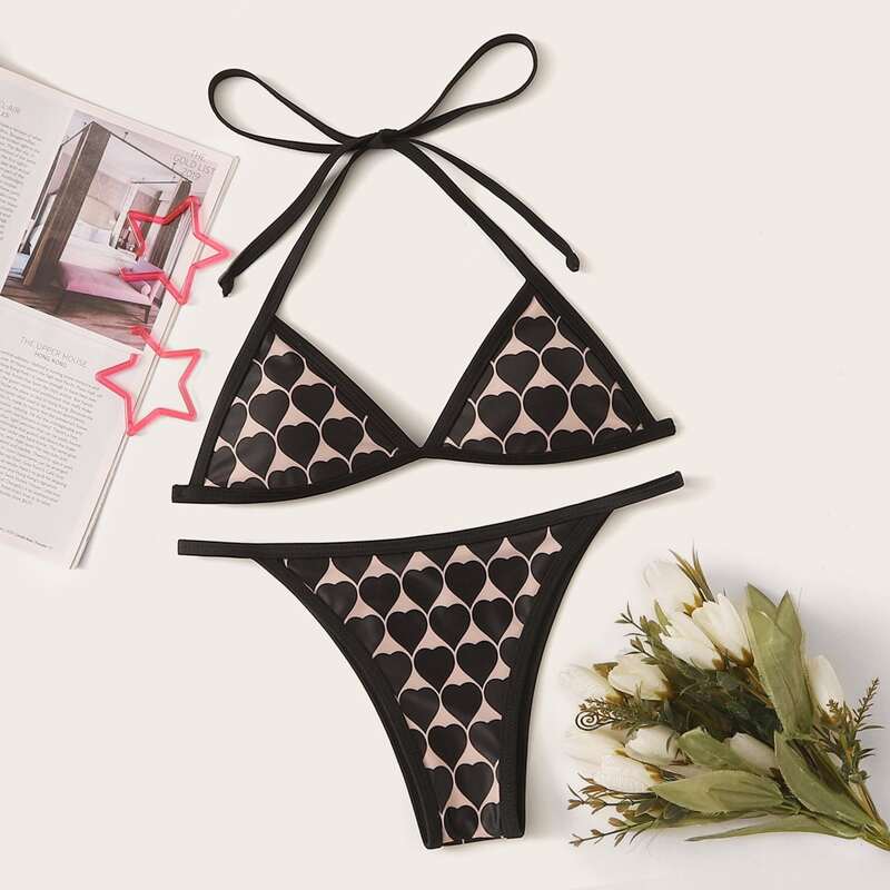 

Heart Random Print Triangle Top With Thong Bikini Set, Multicolor