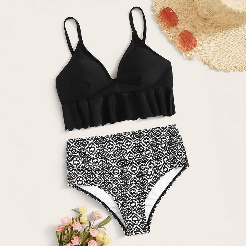 

Ruffle Trim Top With Tribal High Waist Bikini, Black and white
